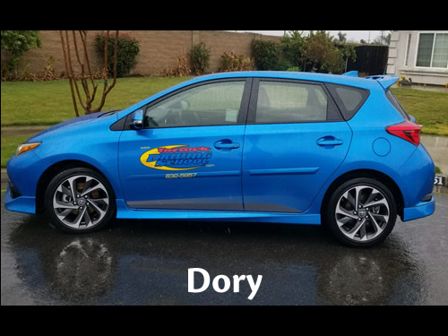 Dory — the blue Turlock Driving School hatchback, signwritten with the school name
